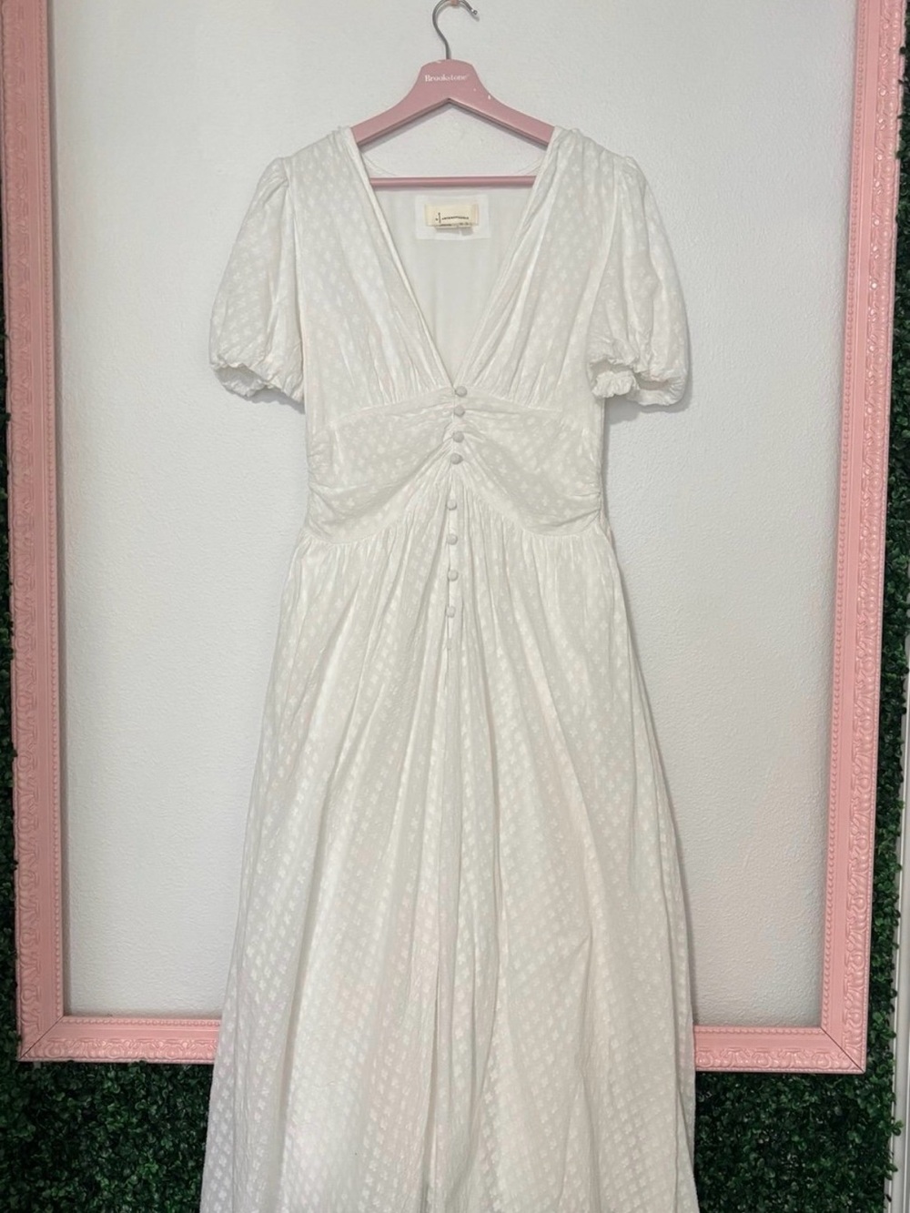 Anthropologie Katerina Style Button Dress Textured White Sz 8 Maxi Puff Sleeve